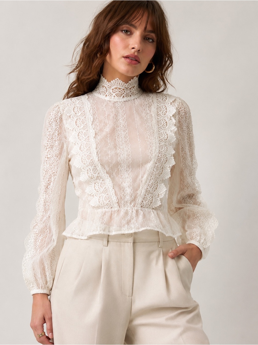 Express Cream Lace High-Neck Peplum Blouse S Edwardian Whimsigoth Victorian Boho
